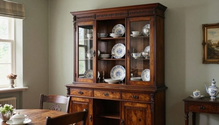 Antique wooden dining room hutch with glass doors displaying fine china in a traditional dining setting