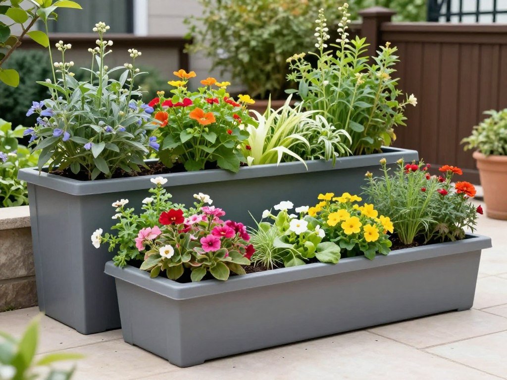 Apartment patio container garden with various sized planters, colorful flowers, herbs, and vegetables arranged in an attractive display
