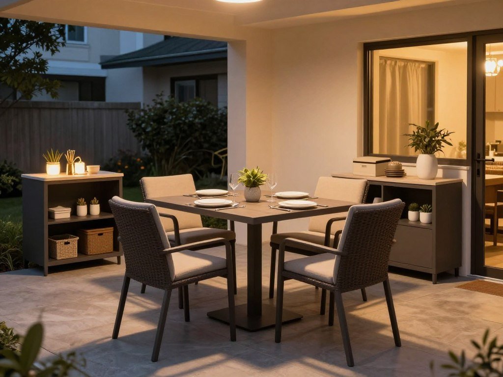 Apartment patio dining area with a space-saving table, comfortable chairs, ambient lighting, and serving station