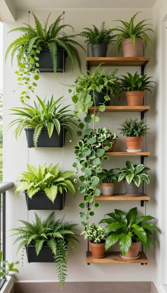 Apartment patio vertical garden with hanging planters, wall-mounted shelves with potted plants, and climbing vines creating a lush green wall