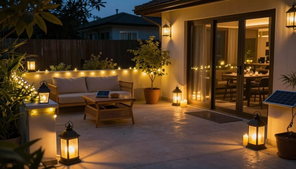 Apartment patio with multiple lighting elements including string lights, lanterns, solar fixtures, and candles creating a magical evening atmosphere
