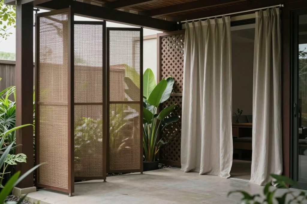 Apartment patio with privacy screens, tall plants, outdoor curtains, and lattice panels creating a secluded outdoor space