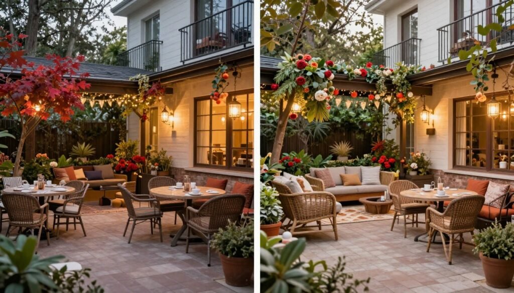 Apartment patio with seasonal decorations showing how the space can be transformed for different times of year with appropriate accessories