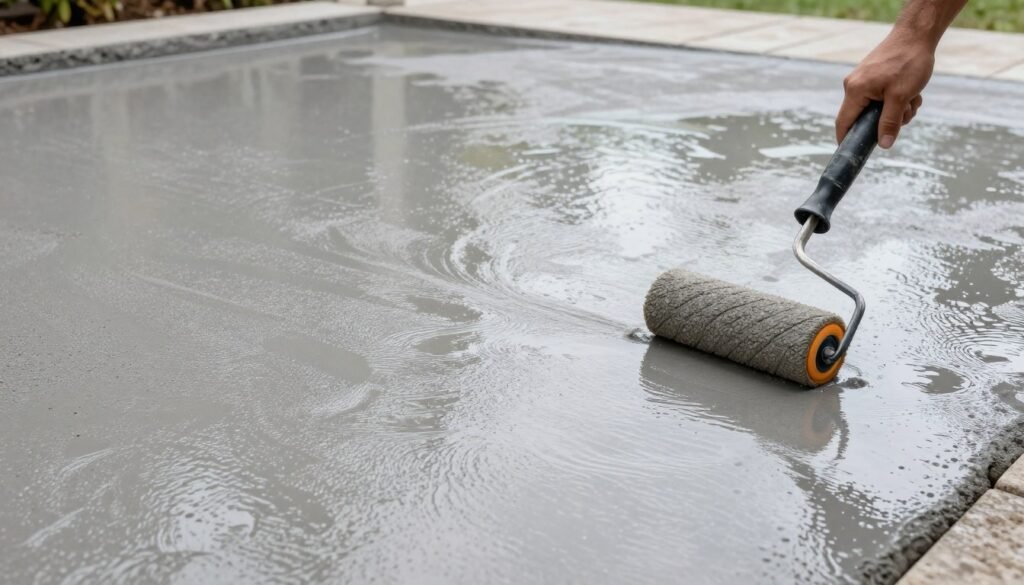 Application of sealer on stamped concrete patio showing wet glossy finish Application of sealer on stamped concrete patio showing wet glossy finish