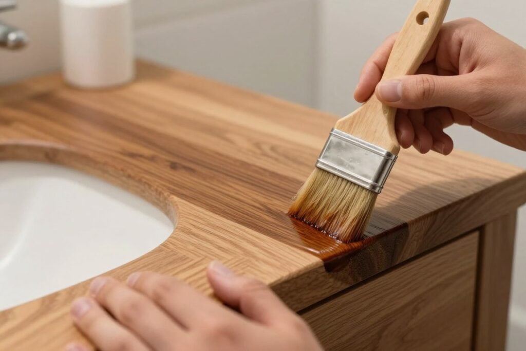 Applying stain to DIY bathroom vanity