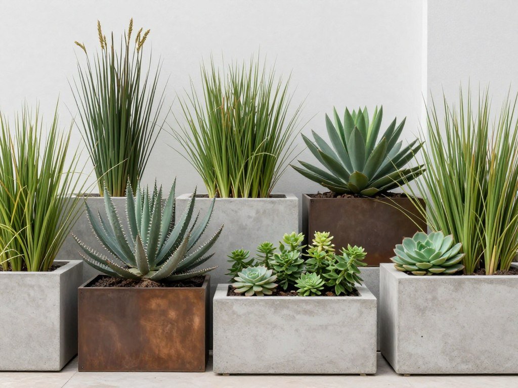 Architectural plants in modern planters creating visual interest in a minimalist backyard