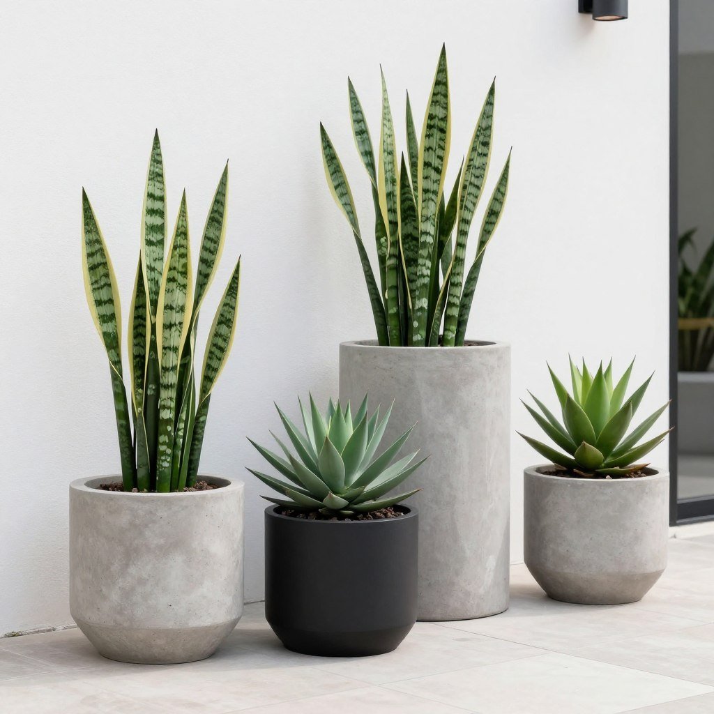 Architectural plants in modern planters on a minimalist patio