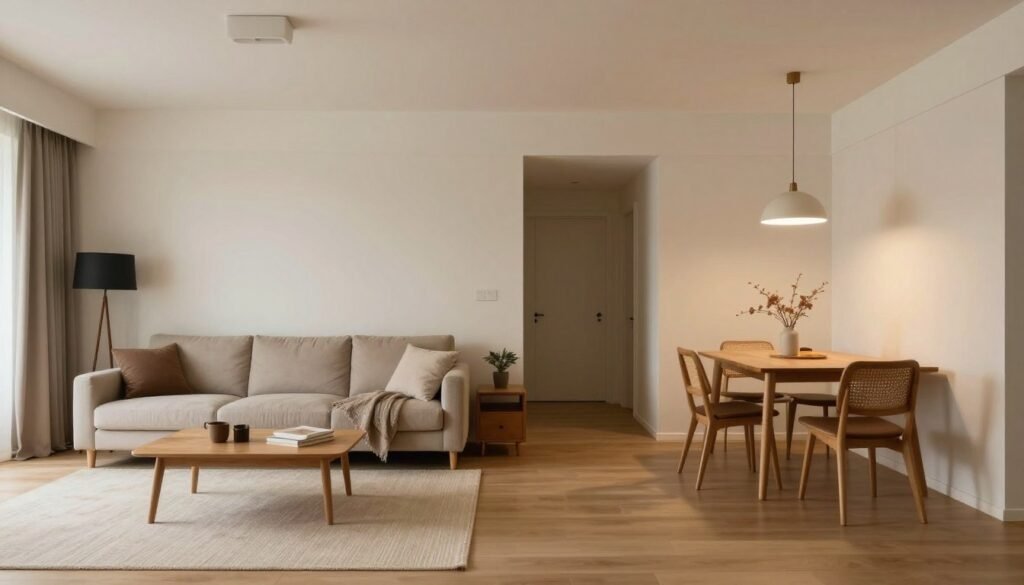 Area rug defining zones in a small living room with dining area