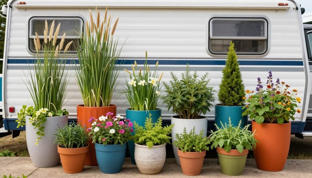 Arrangement of colorful container gardens with various plants of different heights and textures creating a cohesive display outside a mobile home