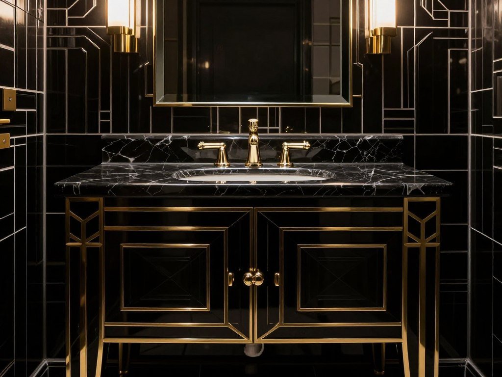 Art Deco black bathroom vanity with geometric patterns and luxurious details