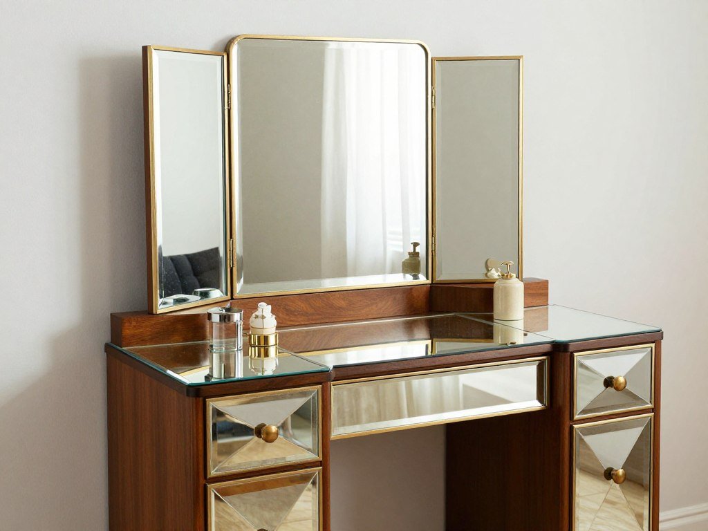 Art Deco vintage vanity with geometric patterns and mirrored surfaces showcasing vintage vanity aesthetic