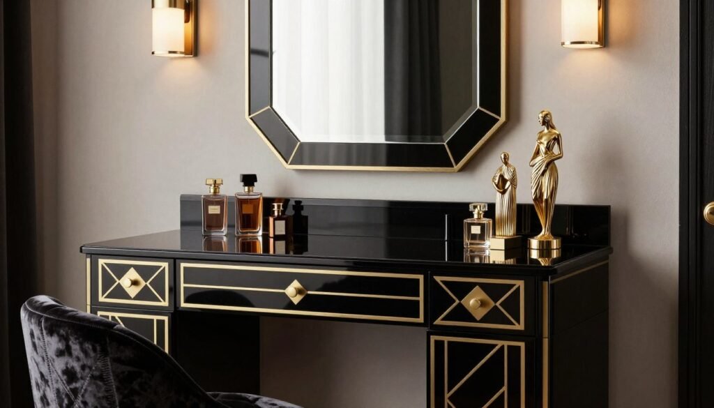 Art deco vanity inspo with geometric patterns and luxurious materials