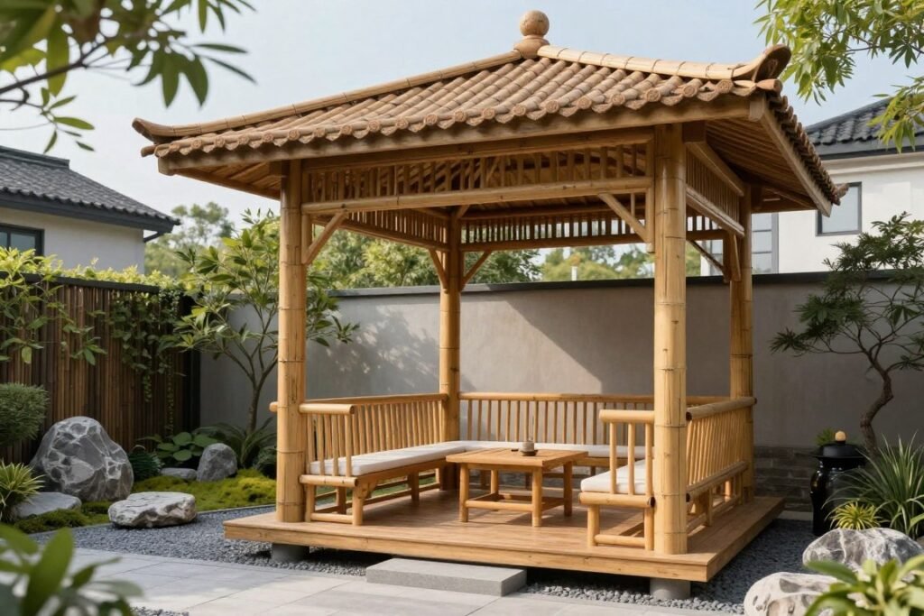 Asian-inspired backyard pavilion with bamboo and zen elements