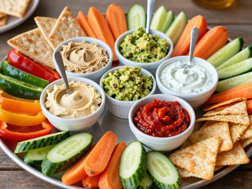 Assortment of colorful dips with vegetable crudités, chips, and bread for dipping