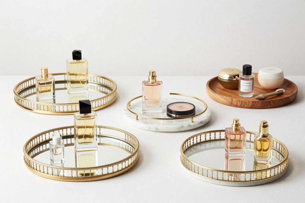 Assortment of decorative vanity trays in various materials including marble, gold, and mirrored finishes