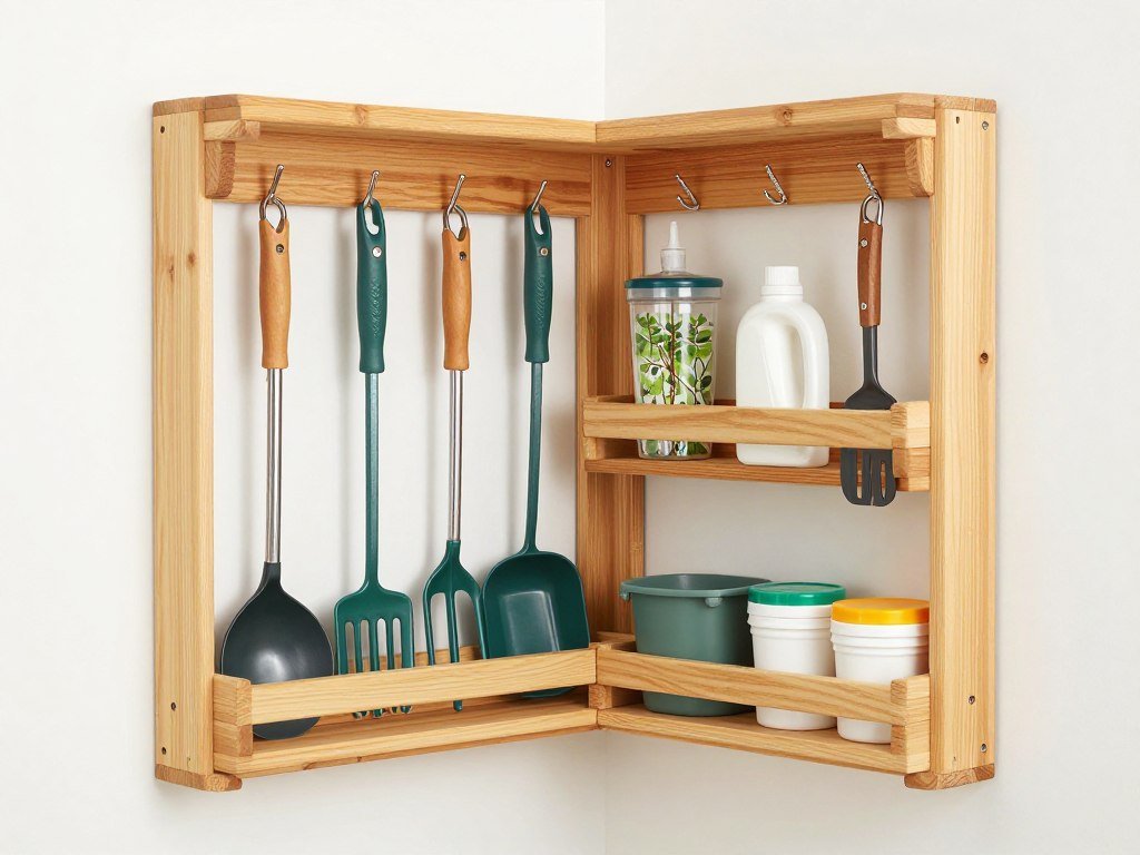Attractive garden tool storage solution built into a corner with hanging tools and potting supplies neatly organized