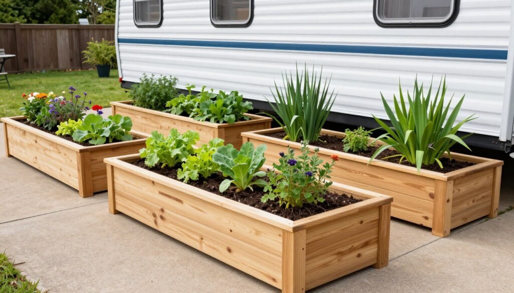 Attractive raised garden beds alongside a mobile home containing vegetables, herbs, and flowers in an organized layout