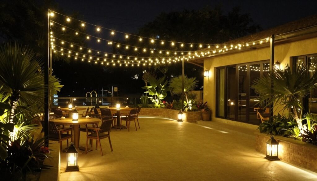 Back patio at night with layered lighting including string lights, lanterns, and pathway lighting Back patio at night with layered lighting including string lights, lanterns, and pathway lighting