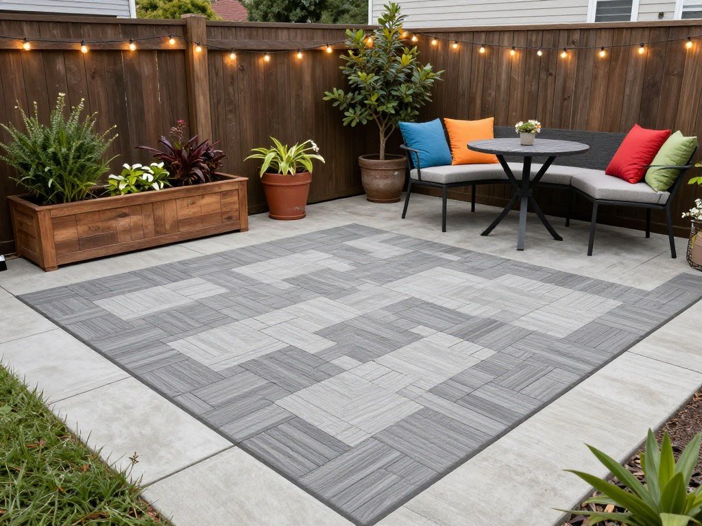 Back patio with affordable deck tiles, DIY planters, and budget-friendly decor elements Back patio with affordable deck tiles, DIY planters, and budget-friendly decor elements