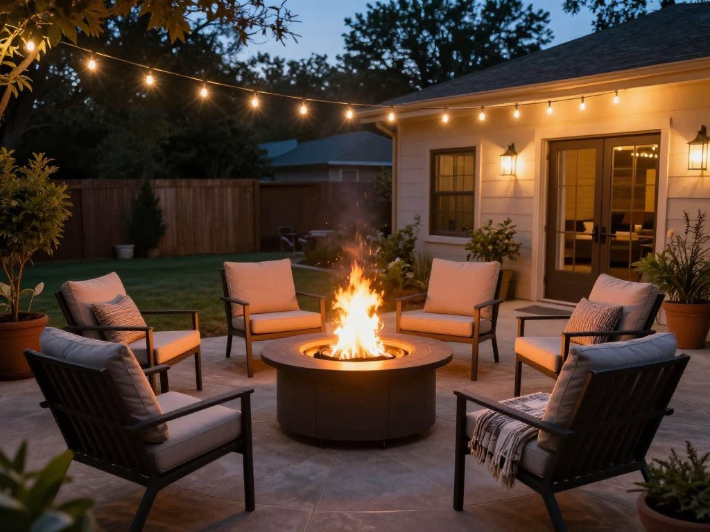Back patio with fire pit surrounded by comfortable seating for evening gatherings Back patio with fire pit surrounded by comfortable seating for evening gatherings