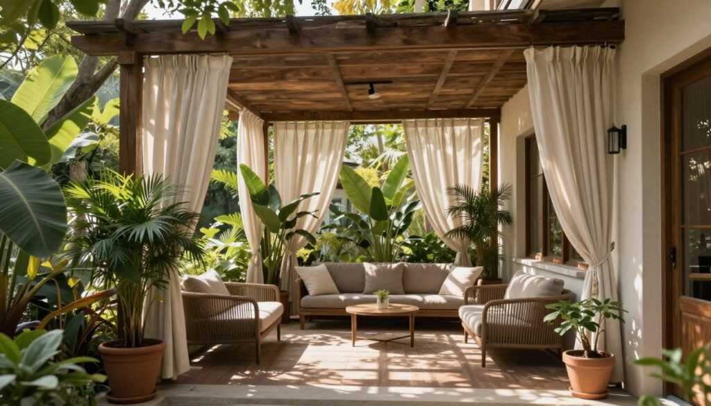 Back patio with pergola, outdoor curtains, and strategic plantings for shade and privacy Back patio with pergola, outdoor curtains, and strategic plantings for shade and privacy