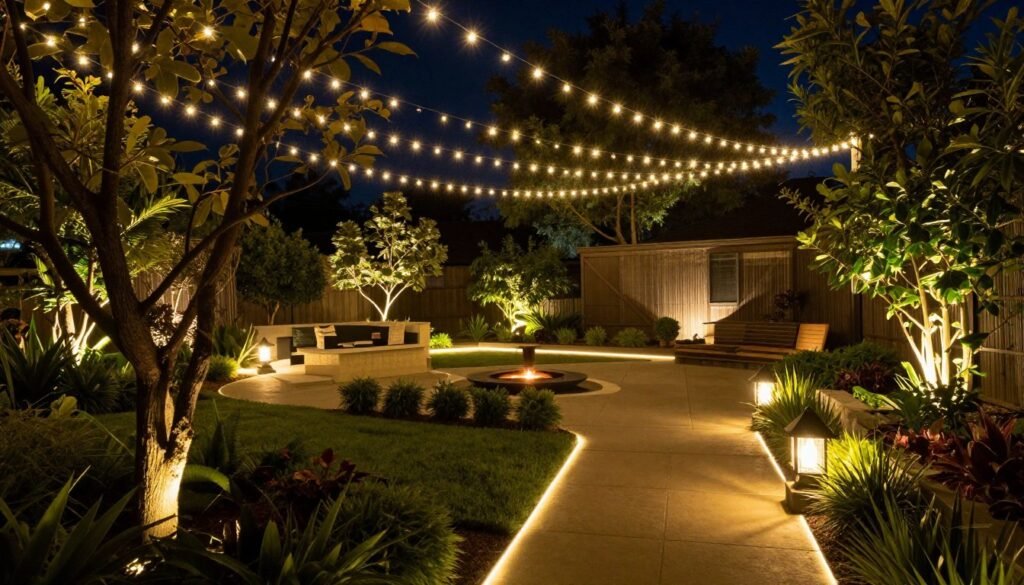 Backyard at night with various lighting elements creating ambiance for backyard makeover