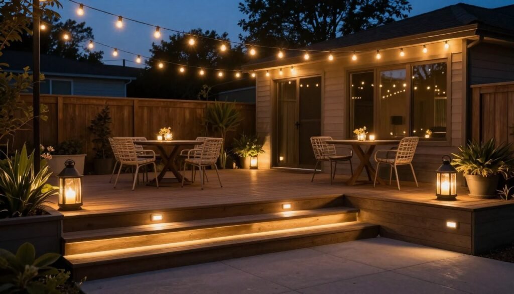 Backyard deck at night with various lighting elements creating a warm ambiance