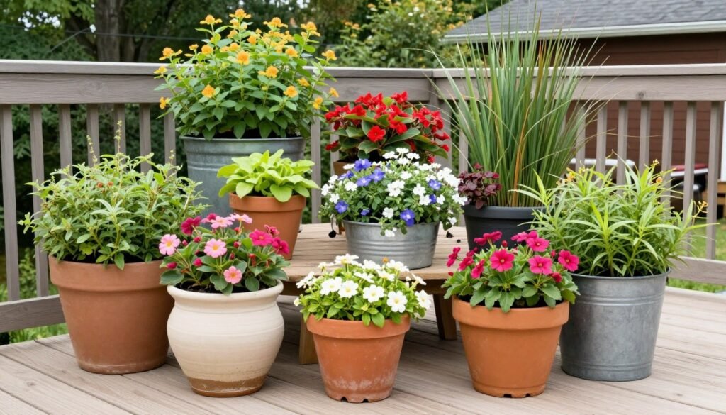 Backyard deck with container gardens featuring colorful plants and flowers