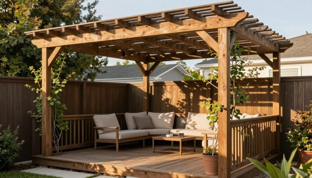 Backyard deck with pergola providing partial shade and architectural interest