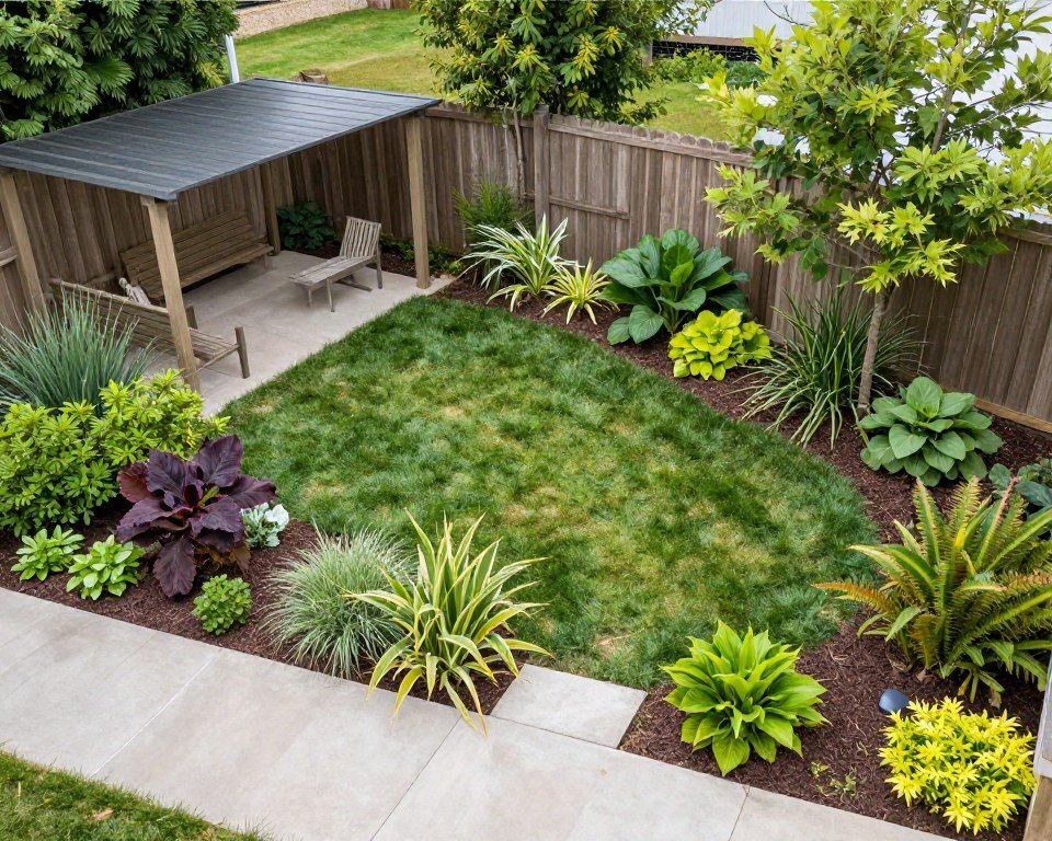 Backyard designed for specific climate conditions with appropriate plant selections and shade structures