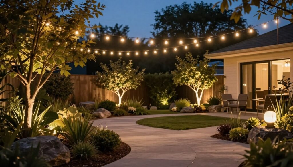 Backyard evening scene with string lights, pathway lighting, and accent lights highlighting landscape features