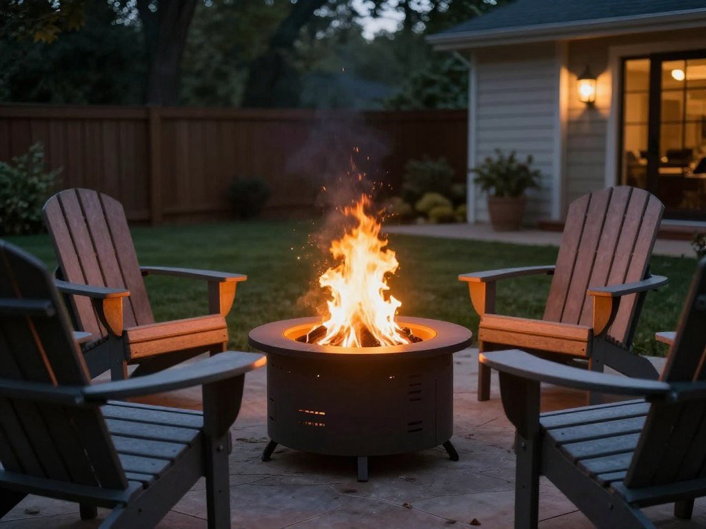 Backyard fire pit surrounded by comfortable seating at dusk Backyard fire pit surrounded by comfortable seating at dusk