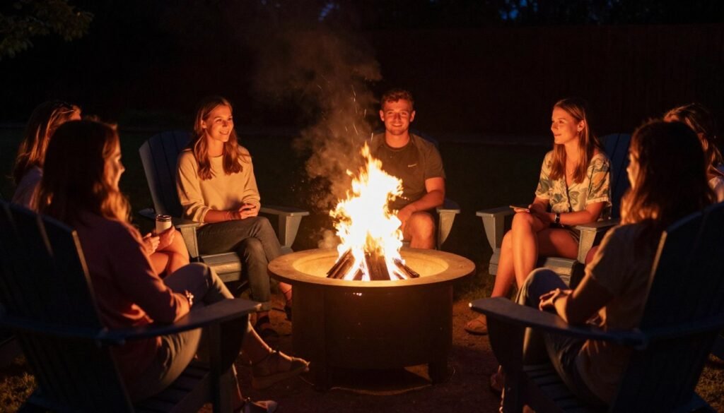 Backyard fire pit with seating area illuminated by flames at night