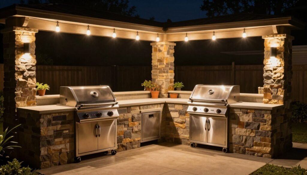 Backyard kitchen at night with various lighting elements highlighting different areas