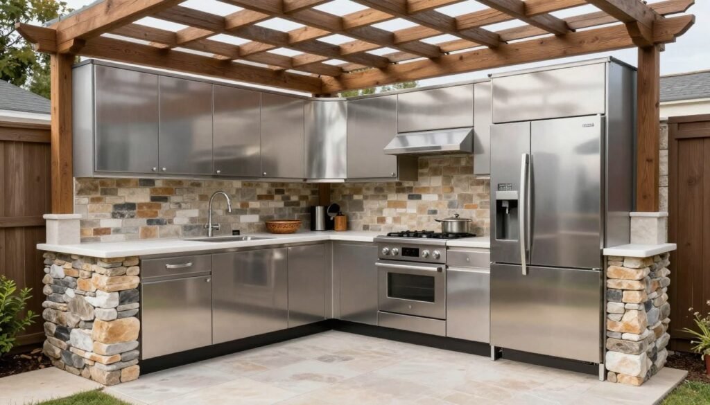 Backyard kitchen showing various structural materials including stone, stainless steel, and wood
