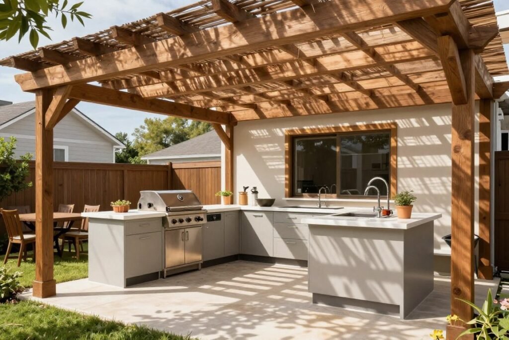 Backyard kitchen under a wooden pergola with partial shade