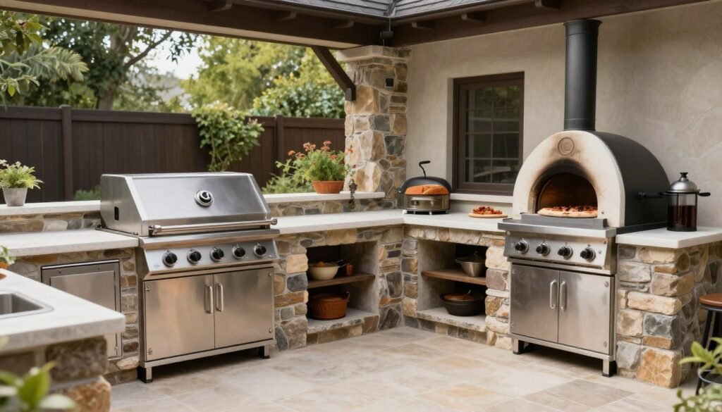 Backyard kitchen with multiple cooking appliances including grill, pizza oven, and smoker