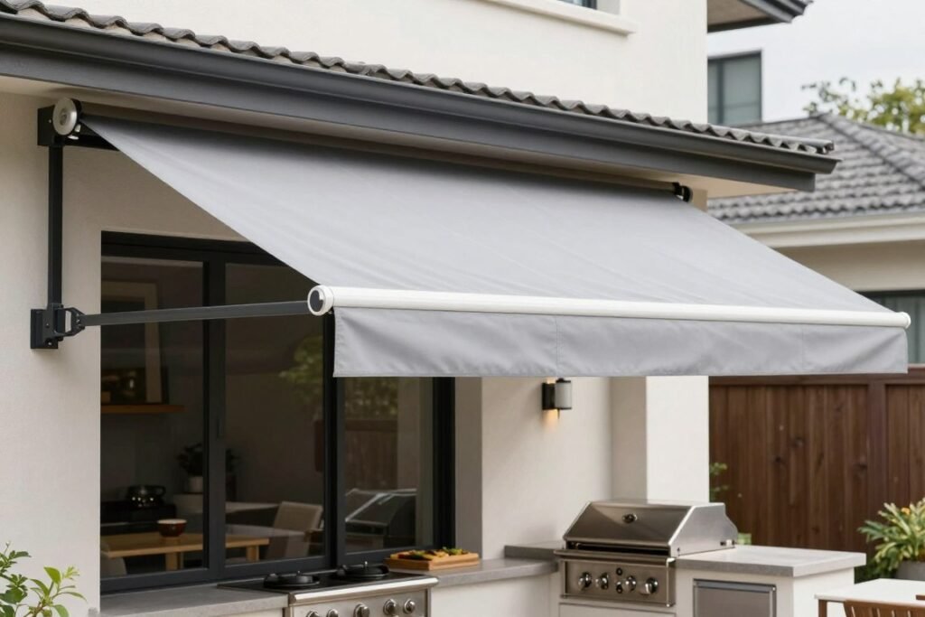Backyard kitchen with retractable awning providing adjustable coverage