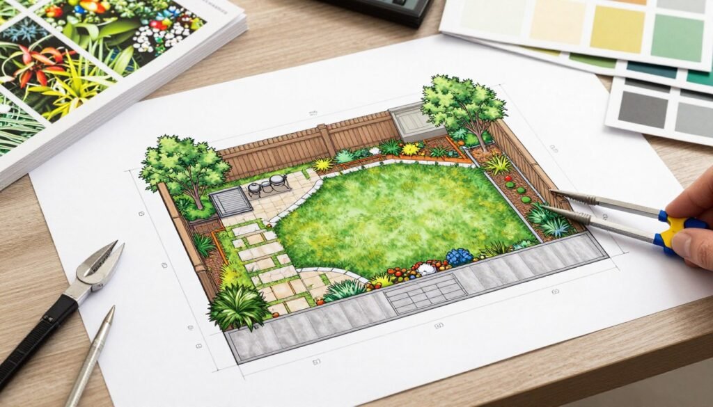 Backyard landscape design plan showing different zones and elements