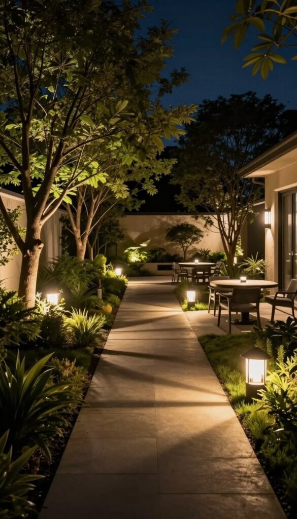 Backyard landscape lighting highlighting trees, pathways, and architectural features