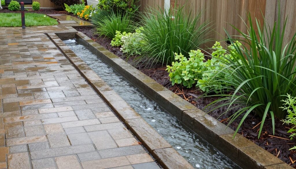 Backyard landscape with effective drainage solutions including dry creek bed and rain garden
