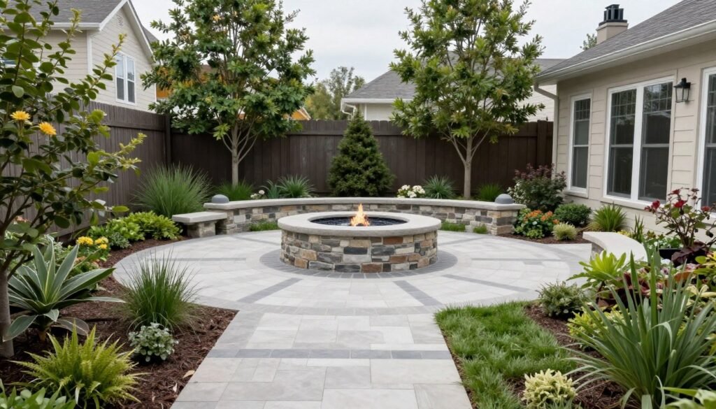 Backyard landscaping designs layout showing focal point and flow principles