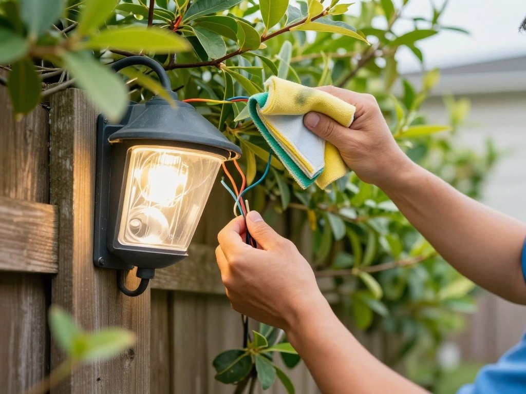 Backyard lighting maintenance showing cleaning of fixtures and checking connections