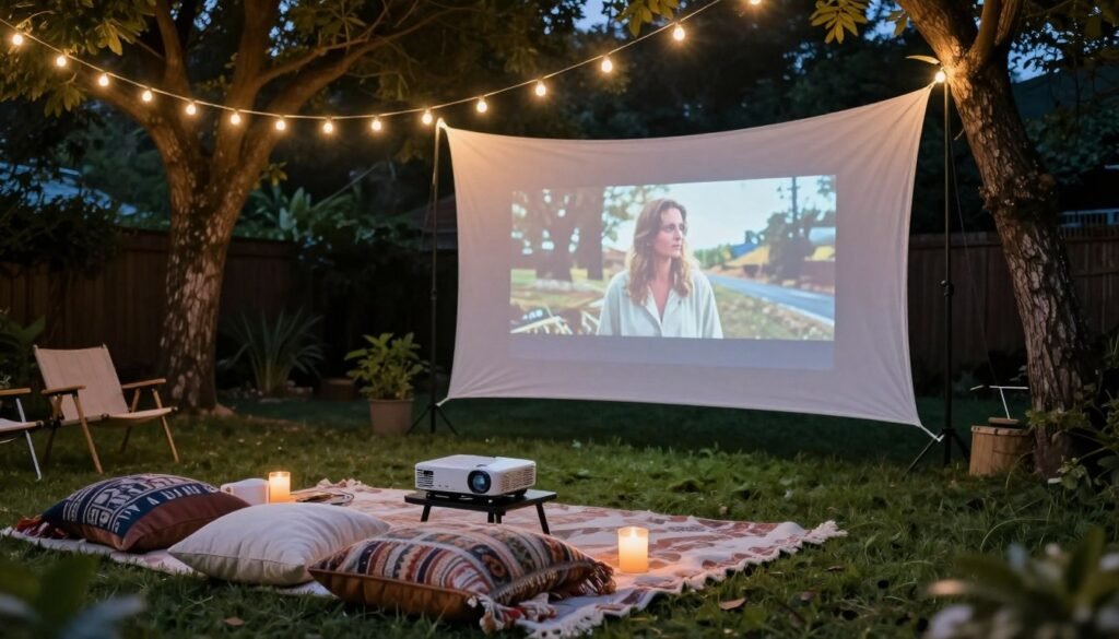 Backyard movie night setup with white sheet screen and string lights