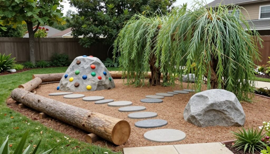Backyard natural play area with logs, stepping stones, and creative elements integrated into the landscape