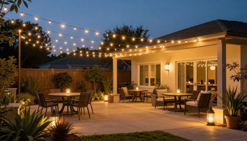 Backyard patio at dusk with string lights overhead, lanterns on tables, and landscape lighting creating a magical evening atmosphere