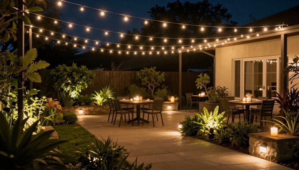 Backyard patio at night with layered lighting including string lights, lanterns, and pathway lights