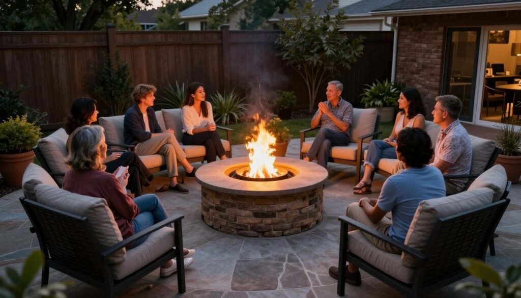 Backyard patio centered around a fire pit with comfortable seating, creating a cozy gathering space for evening enjoyment