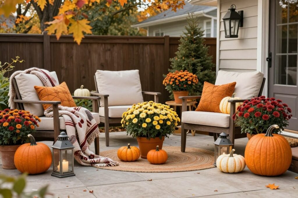 Backyard patio decorated for fall with pumpkins, lanterns, and autumn flowers Backyard patio decorated for fall with pumpkins, lanterns, and autumn flowers