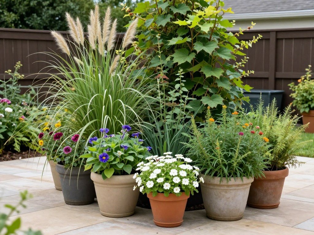 Backyard patio surrounded by lush container gardens with various textures and heights of plants
